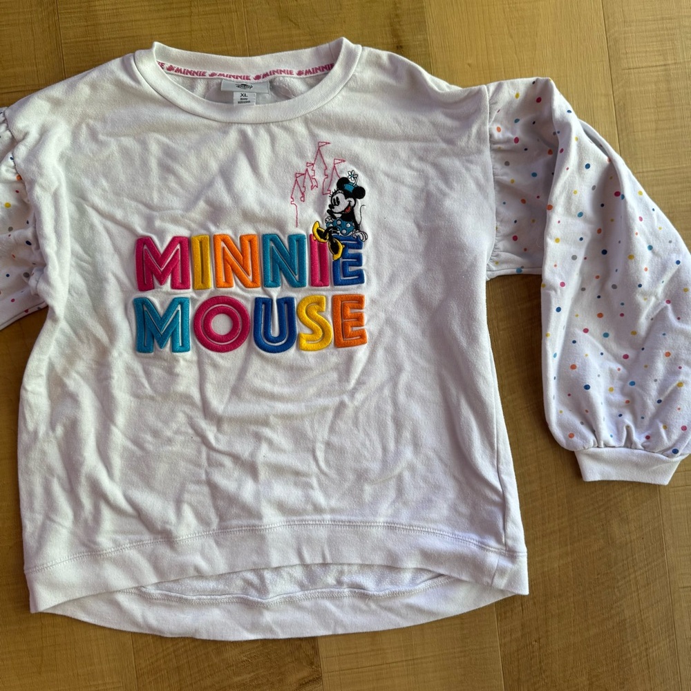 Disney Parks Minnie Mouse Polka Dot Puff Sleeve Sweatshirt White Girls‎ XL 14A